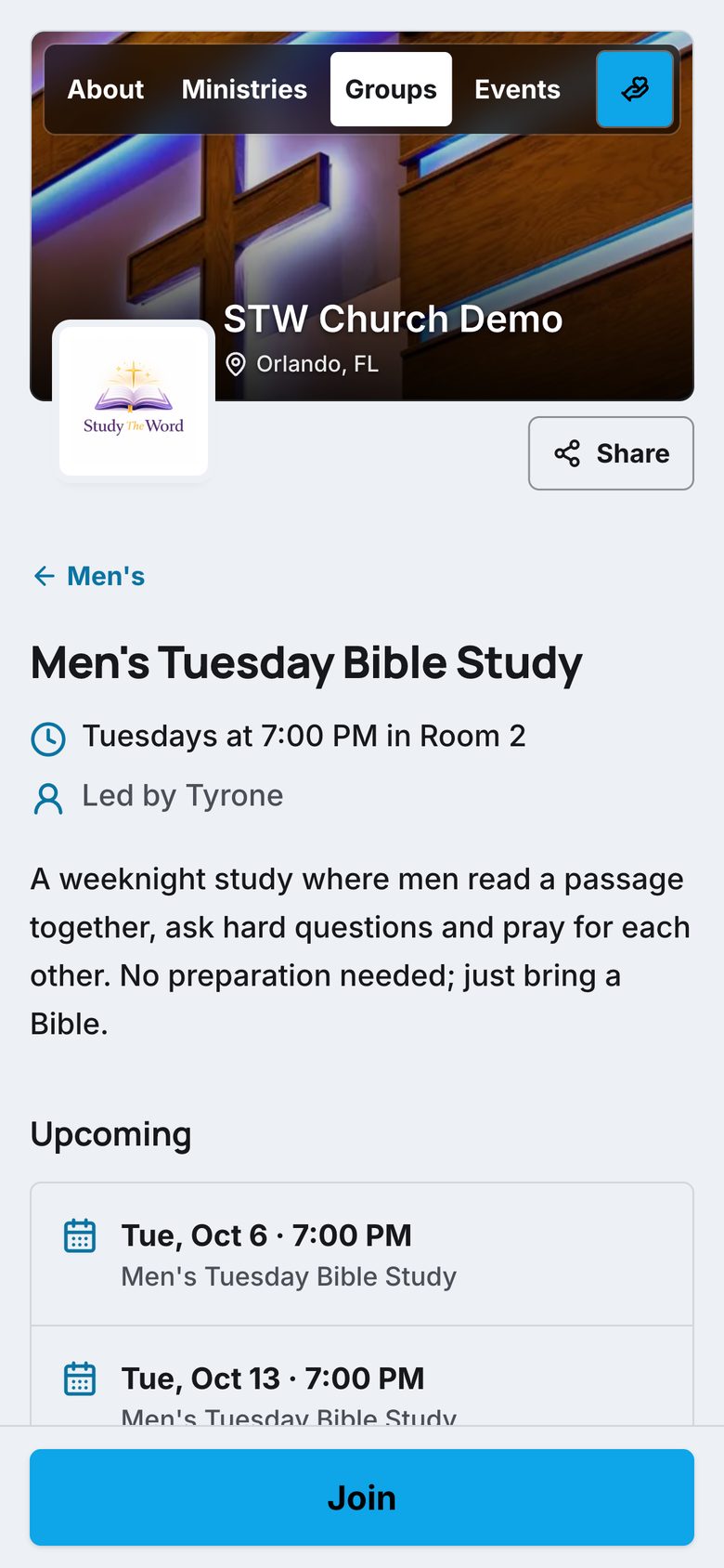 A demo group page on a phone, showing the meeting time, leader, upcoming dates, and a large Join button
